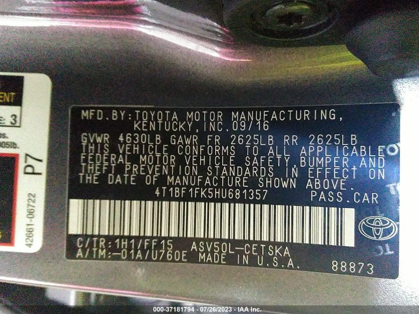 2017 TOYOTA CAMRY XLE/SE/LE/XSE - 4T1BF1FK5HU681357