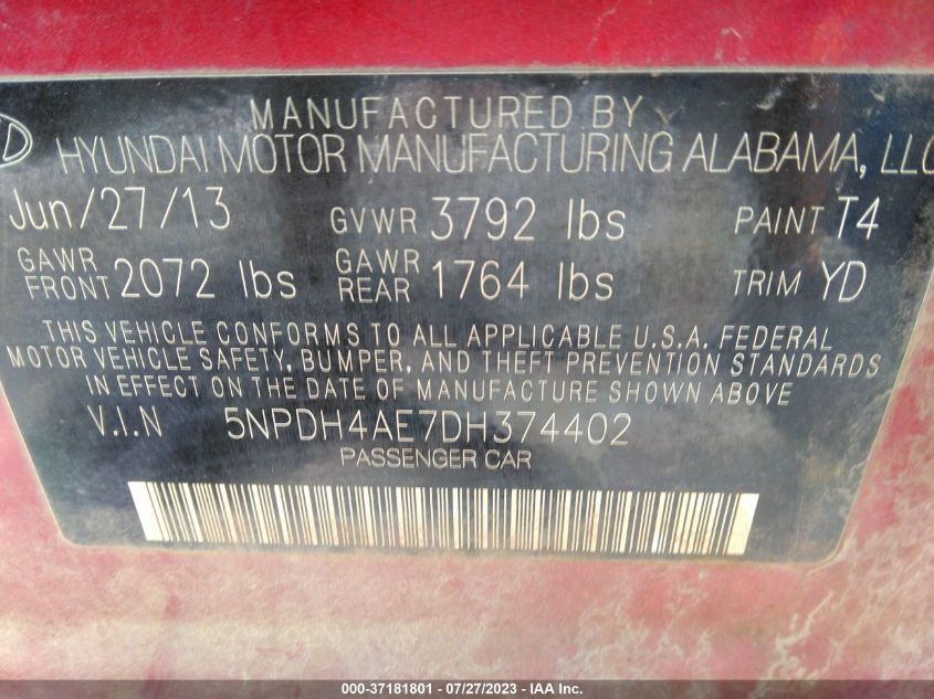 2013 HYUNDAI ELANTRA GLS - 5NPDH4AE7DH374402