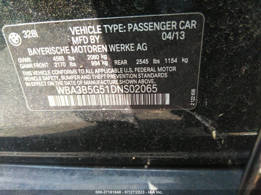 2013 BMW 3 SERIES 328I XDRIVE - WBA3B5G51DNS02065