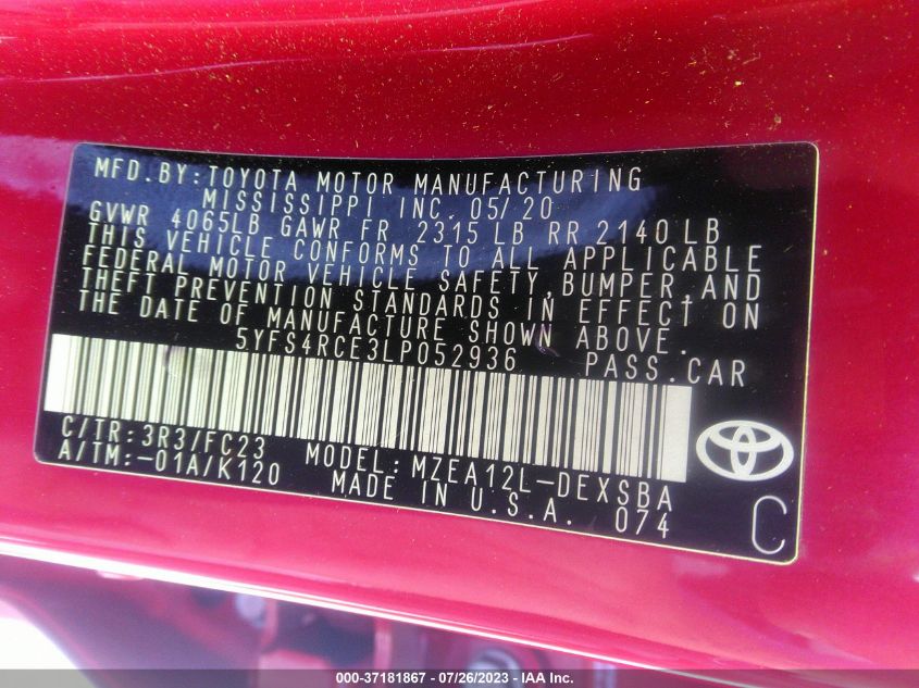2020 TOYOTA COROLLA SE/NIGHTSHADE - 5YFS4RCE3LP052936
