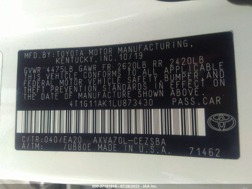 2020 TOYOTA CAMRY SE/SE NIGHT SHADE - 4T1G11AK1LU873430