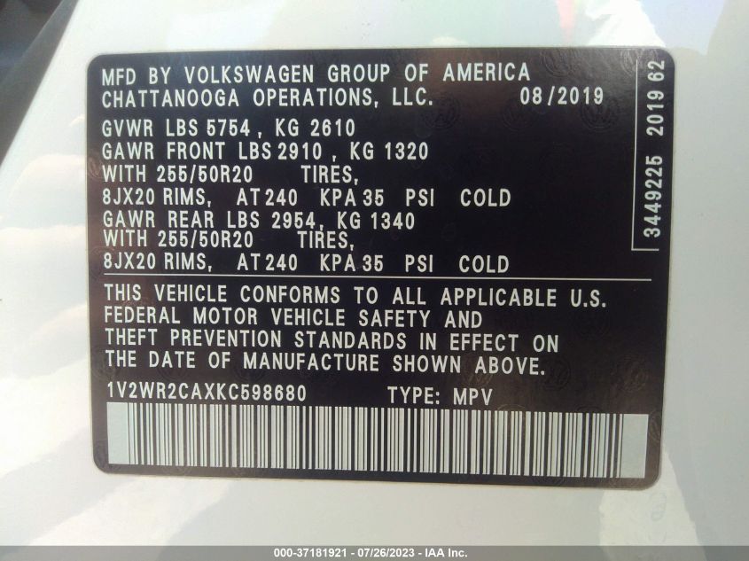 2019 VOLKSWAGEN ATLAS 3.6L V6 SE W/TECHNOLOGY - 1V2WR2CAXKC598680