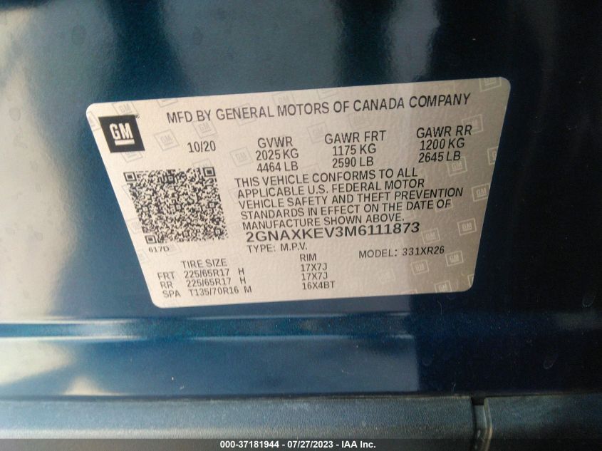 2021 CHEVROLET EQUINOX LT - 2GNAXKEV3M6111873