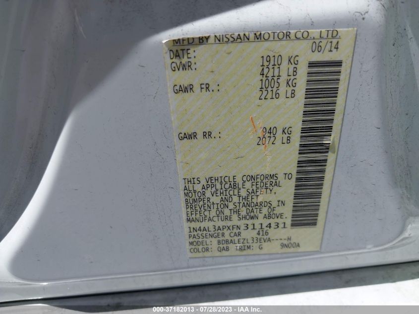 2015 NISSAN ALTIMA 2.5 S - 1N4AL3APXFN311431