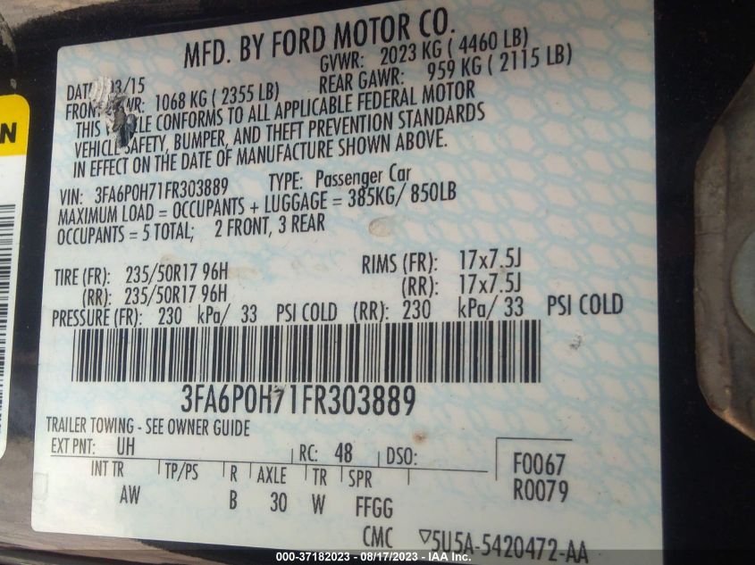 2015 FORD FUSION SE - 3FA6P0H71FR303889