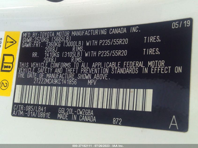 2019 LEXUS RX RX 350 - 2T2ZZMCA9KC141856
