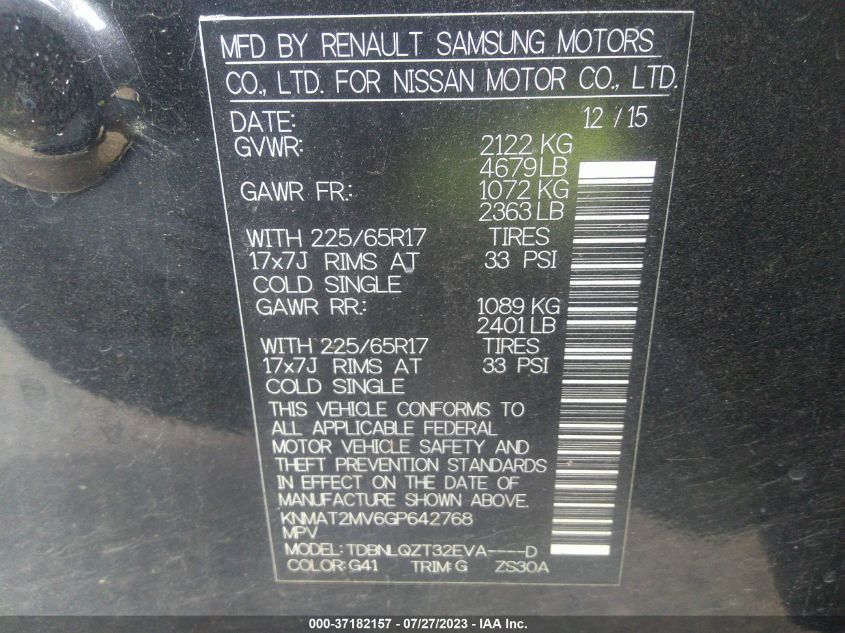 2016 NISSAN ROGUE SV - KNMAT2MV6GP642768