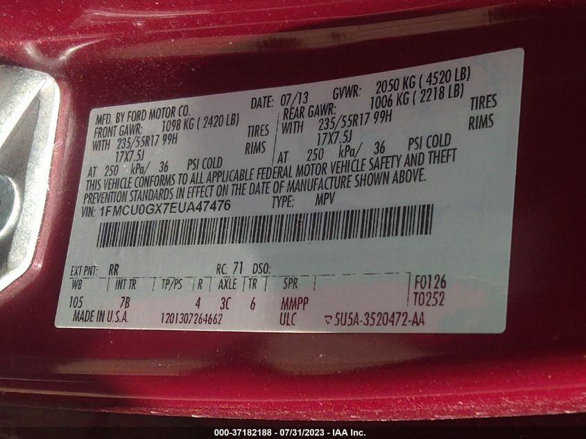 2014 FORD ESCAPE SE - 1FMCU0GX7EUA47476