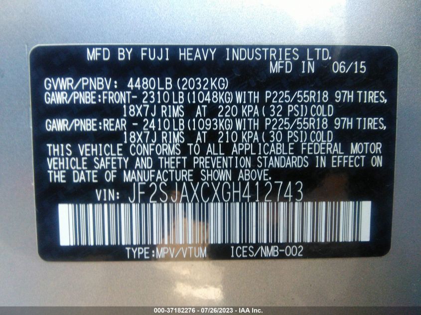 2016 SUBARU FORESTER 2.5I TOURING - JF2SJAXCXGH412743