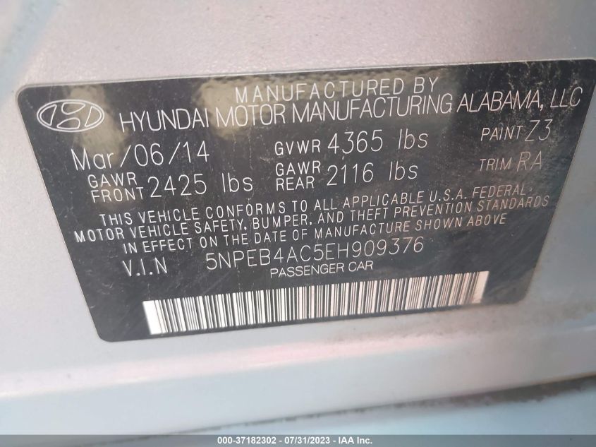 2014 HYUNDAI SONATA GLS - 5NPEB4AC5EH909376