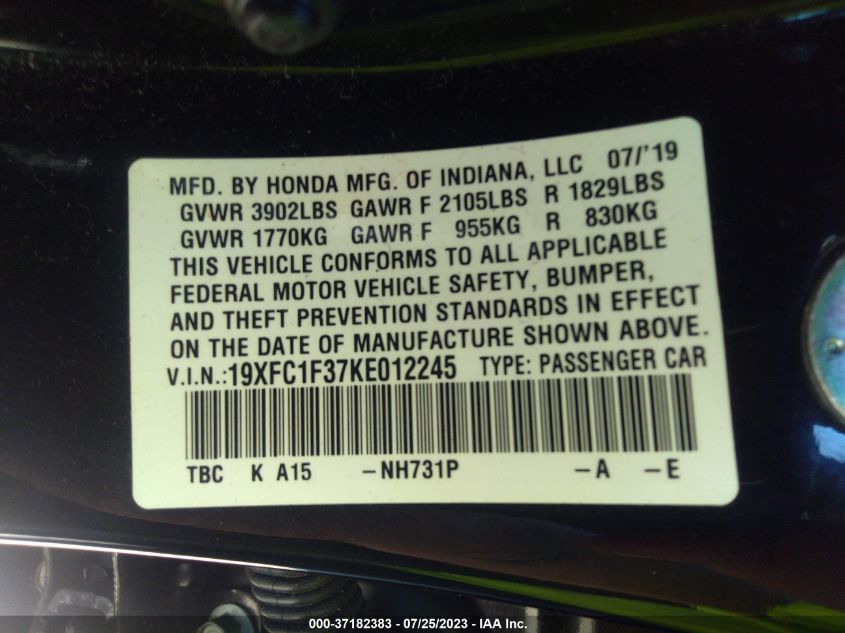2019 HONDA CIVIC SEDAN EX - 19XFC1F37KE012245