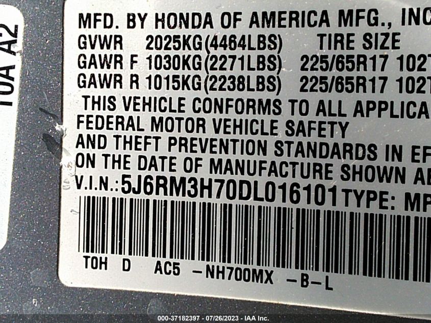 2013 HONDA CR-V EX-L - 5J6RM3H70DL016101