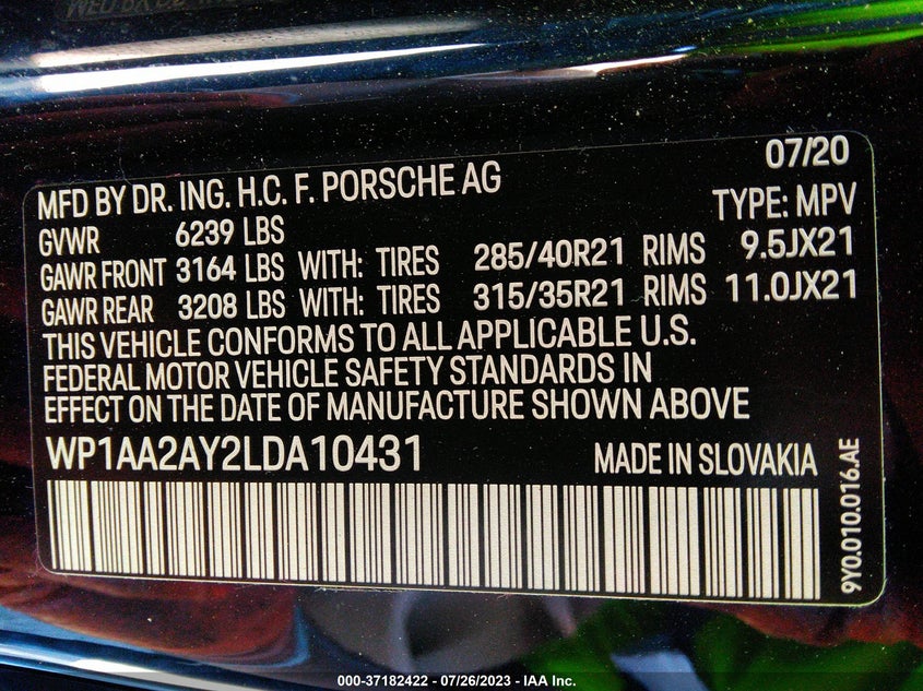 VIN WP1AA2AY2LDA10431 2020 PORSCHE CAYENNE