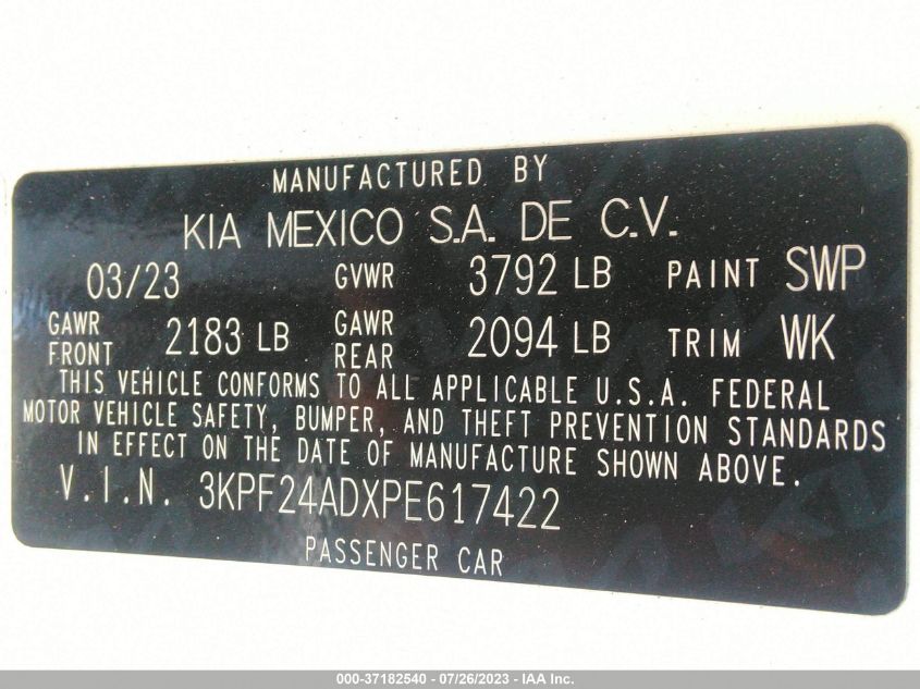 2023 KIA FORTE LXS - 3KPF24ADXPE617422