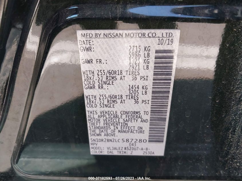 VIN 5N1DR2BN2LC587280 2020 NISSAN PATHFINDER SV
