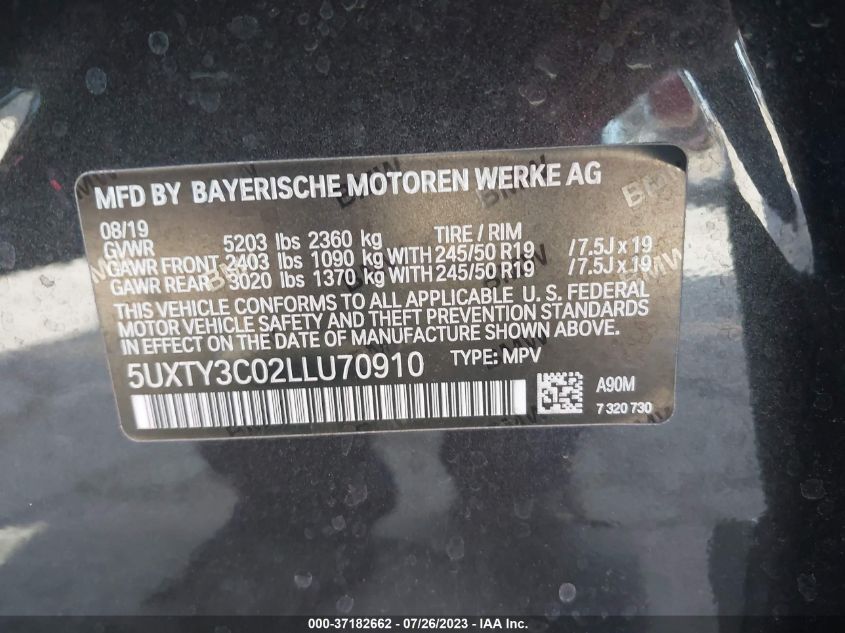 2020 BMW X3 SDRIVE30I - 5UXTY3C02LLU70910