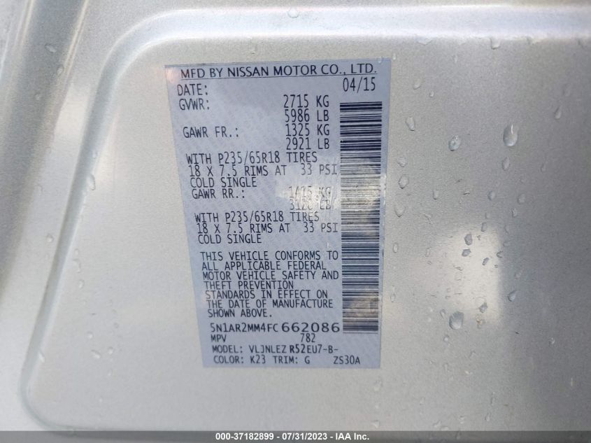 2015 NISSAN PATHFINDER PLATINUM/SV/SL/S - 5N1AR2MM4FC662086