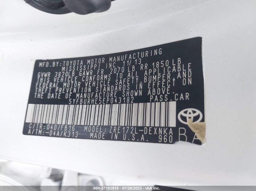 2014 TOYOTA COROLLA L/LE/LE PLS/PRM/S/S PLS - 05YFBURHE5EP04318