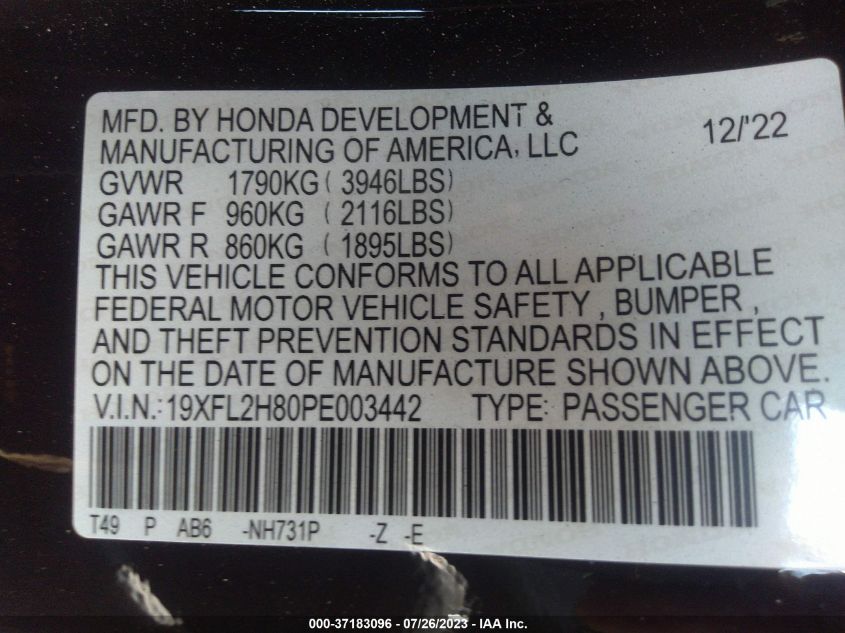 2023 HONDA CIVIC HATCHBACK SPORT - 19XFL2H80PE003442