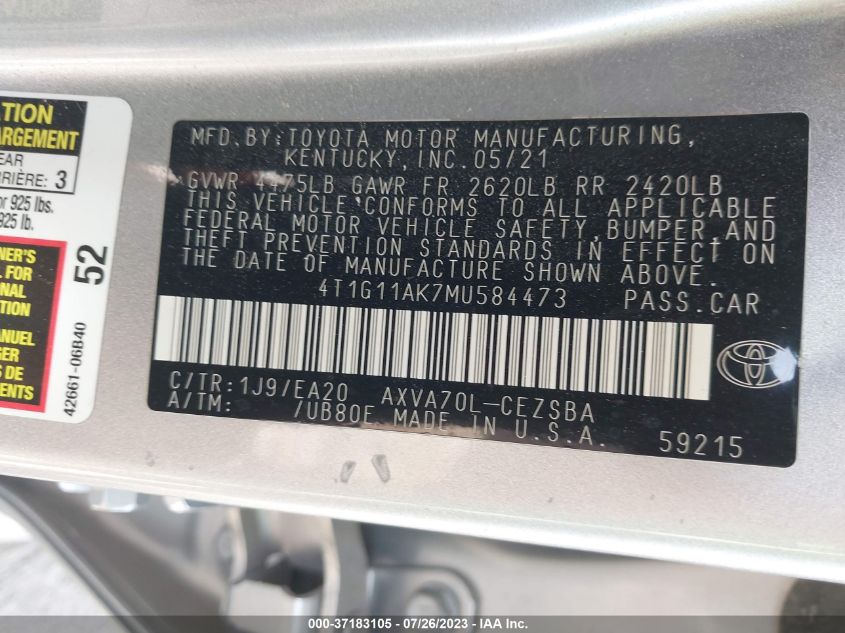 2021 TOYOTA CAMRY SE - 4T1G11AK7MU584473
