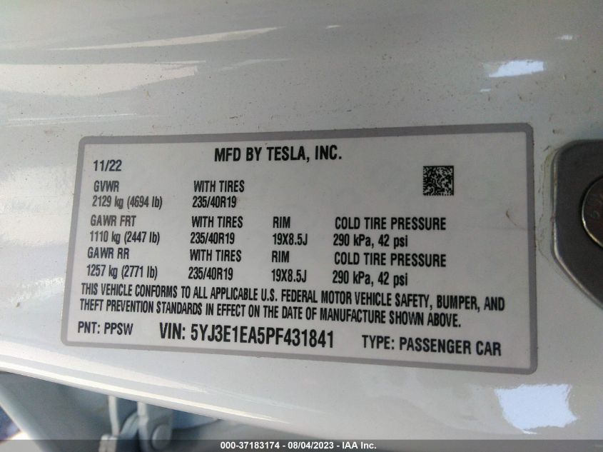 2023 TESLA MODEL 3 - 5YJ3E1EA5PF431841