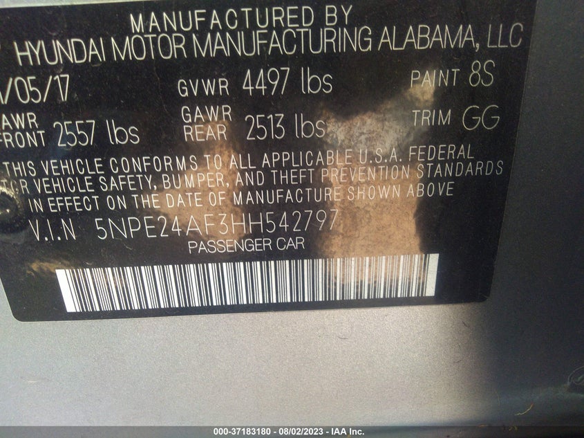 VIN 5NPE24AF3HH542797 2017 HYUNDAI SONATA SE