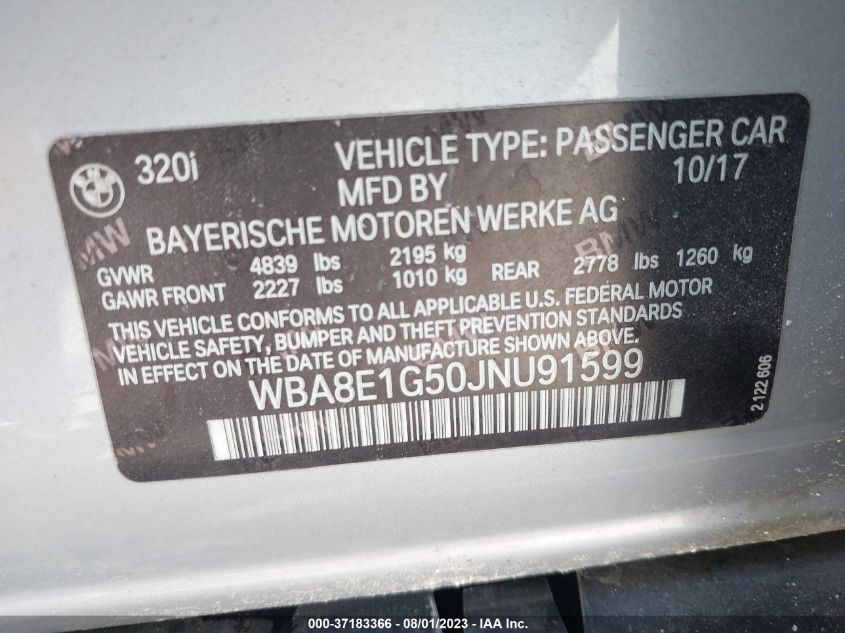 2018 BMW 3 SERIES 320I - WBA8E1G50JNU91599