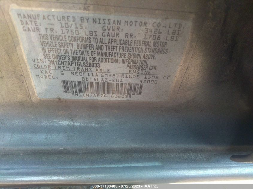 2016 NISSAN VERSA S PLUS - 3N1CN7AP7GL828033