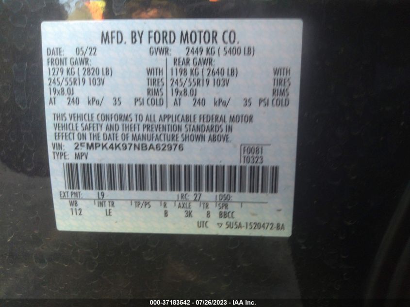 2FMPK4K97NBA62976 2022 FORD EDGE, photo no. 9