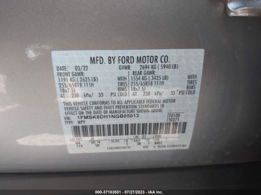 2022 FORD EXPLORER XLT - 1FMSK8DH1NGB05013