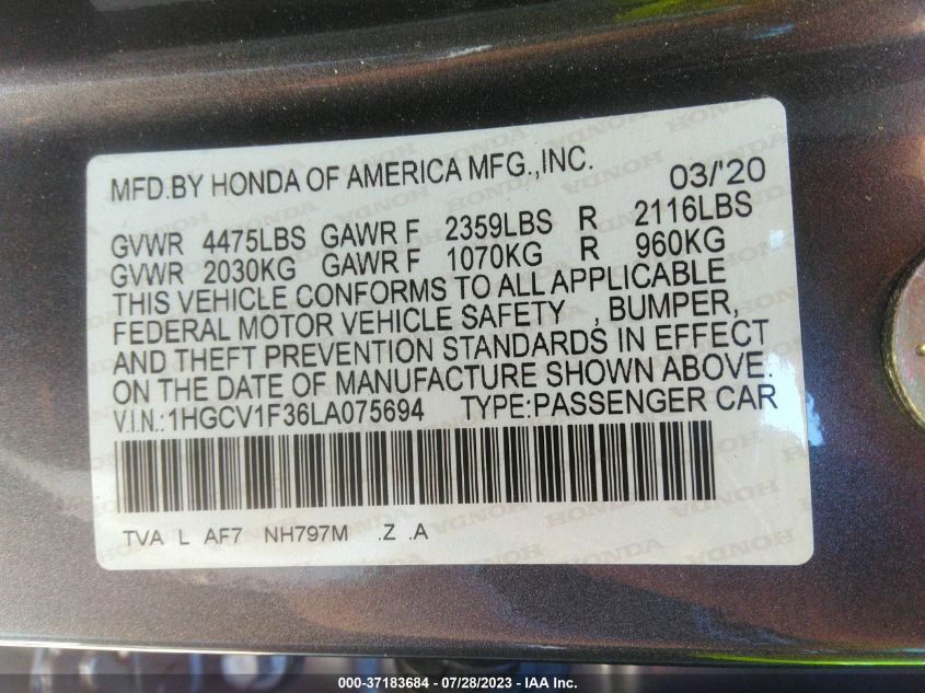 2020 HONDA ACCORD SEDAN SPORT - 1HGCV1F36LA075694