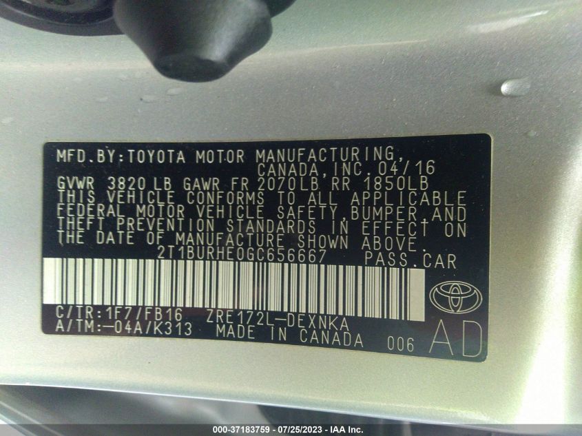 2016 TOYOTA COROLLA LE - 2T1BURHE0GC656667