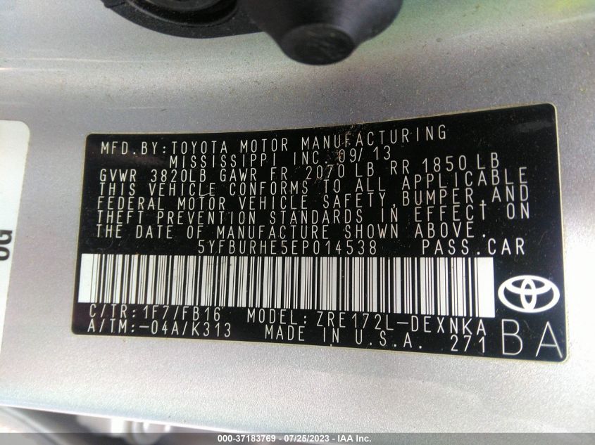 2014 TOYOTA COROLLA L/LE/S/S PLUS/LE PLUS - 5YFBURHE5EP014538