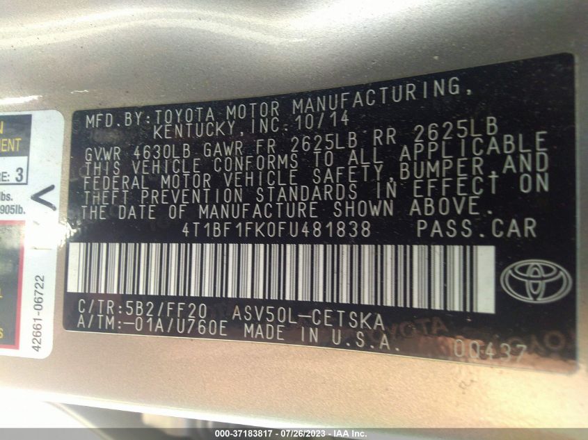 2015 TOYOTA CAMRY XLE/SE/LE/XSE - 4T1BF1FK0FU481838