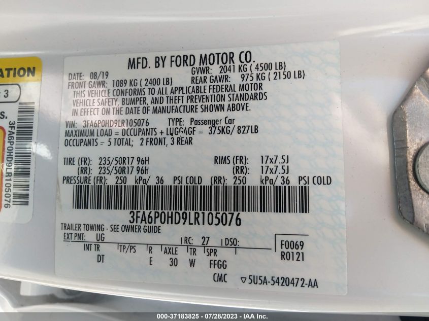 2020 FORD FUSION SE - 3FA6P0HD9LR105076