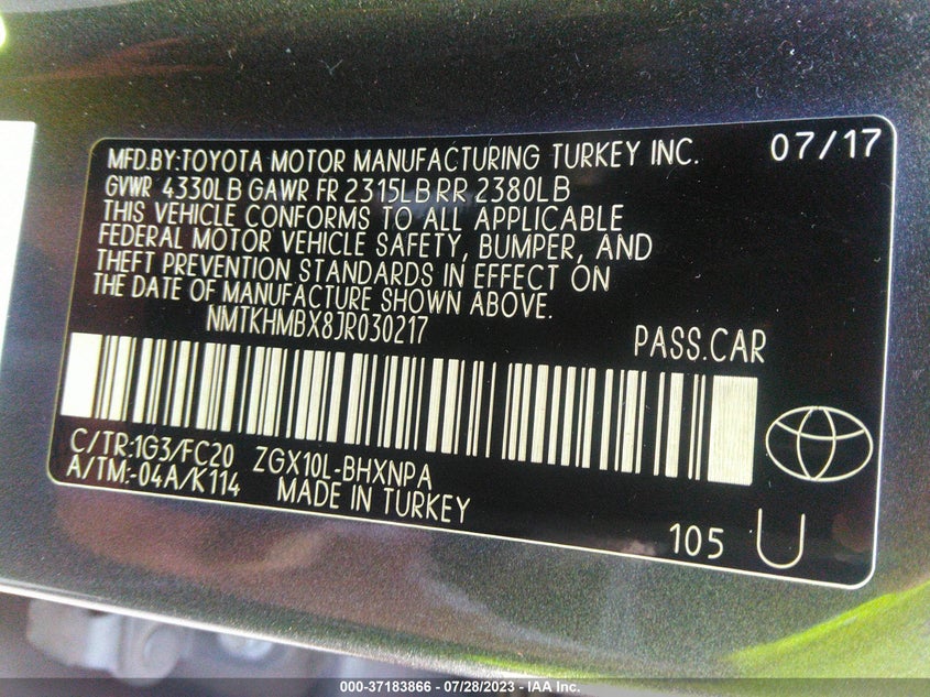 VIN NMTKHMBX8JR030217 2018 TOYOTA C-HR XLE/XLE PREMIUM