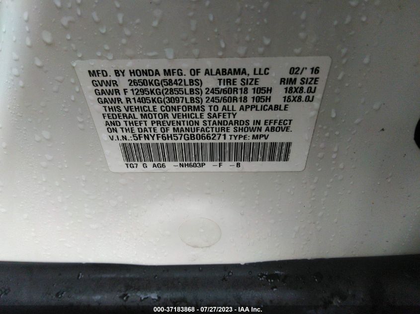 2016 HONDA PILOT EX-L - 5FNYF6H57GB066271
