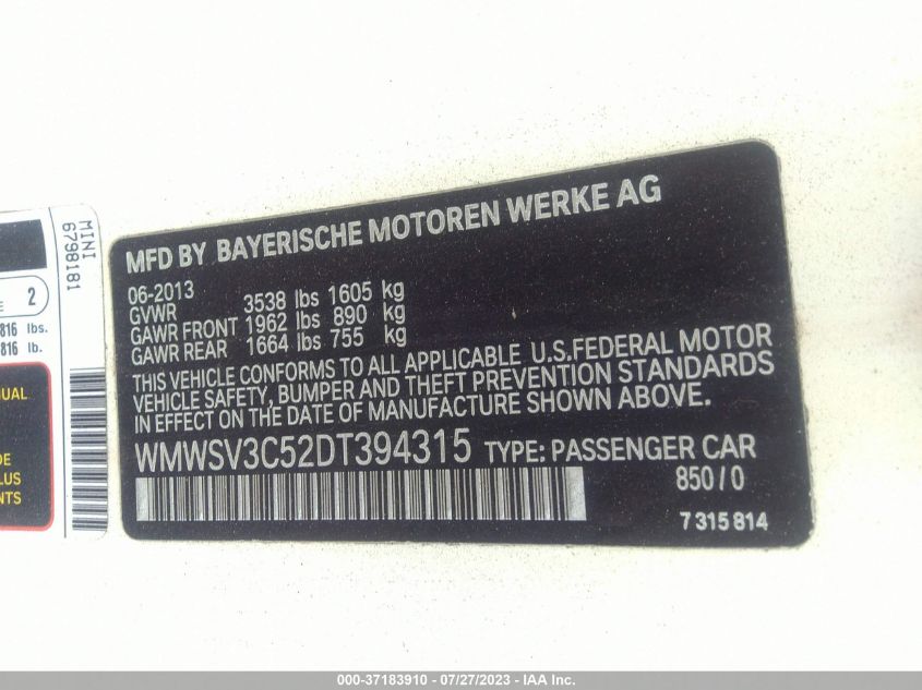 2013 MINI COOPER HARDTOP S - WMWSV3C52DT394315