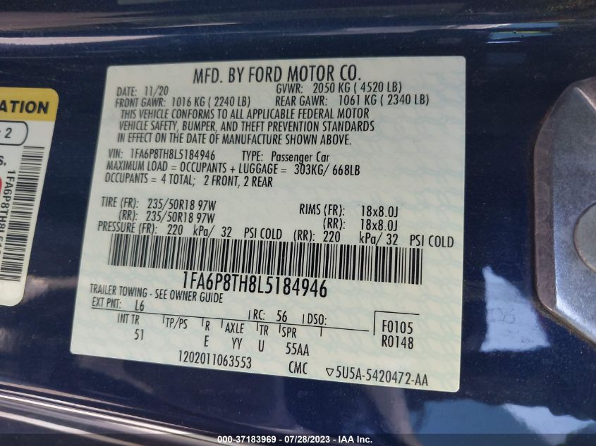 2020 FORD MUSTANG - 1FA6P8TH8L5184946