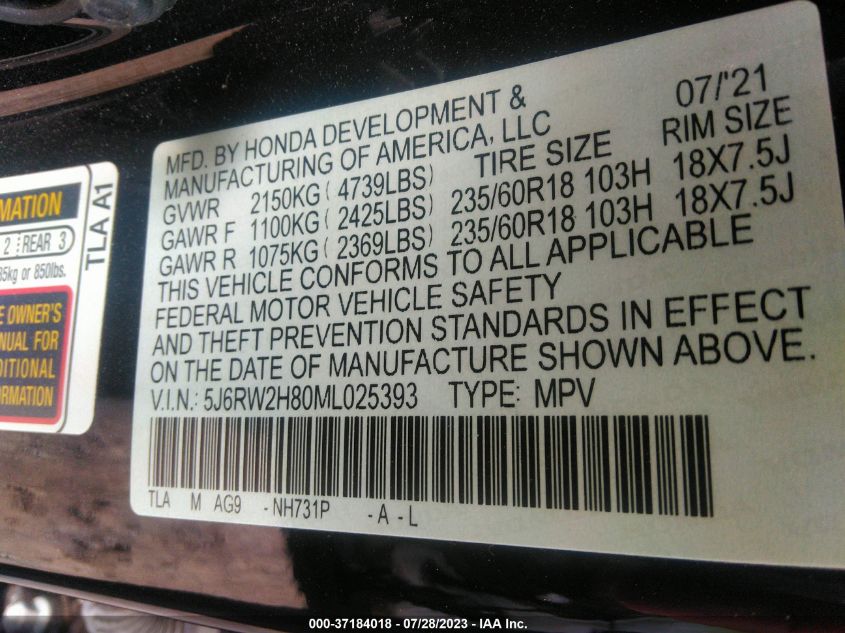 2021 HONDA CR-V EX-L - 5J6RW2H80ML025393