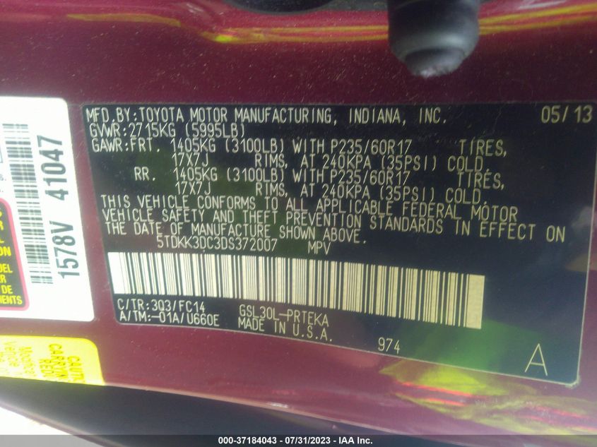 2013 TOYOTA SIENNA LE - 5TDKK3DC3DS372007