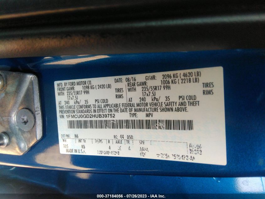 2017 FORD ESCAPE SE - 1FMCU0GD2HUB39752