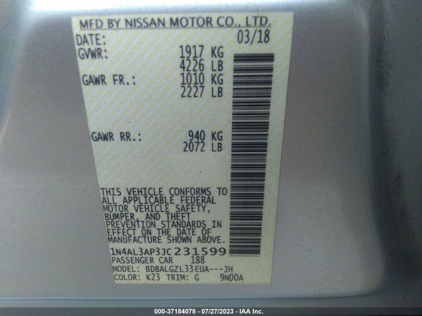 2018 NISSAN ALTIMA 2.5 S - 1N4AL3AP3JC231599