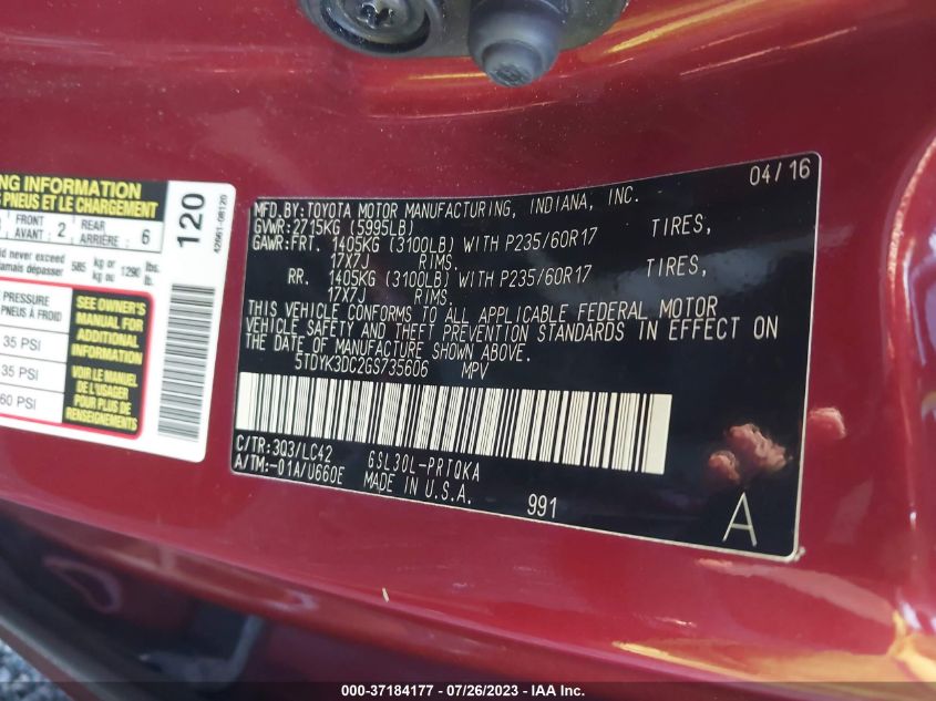 2016 TOYOTA SIENNA XLE/LIMITED - 5TDYK3DC2GS735606