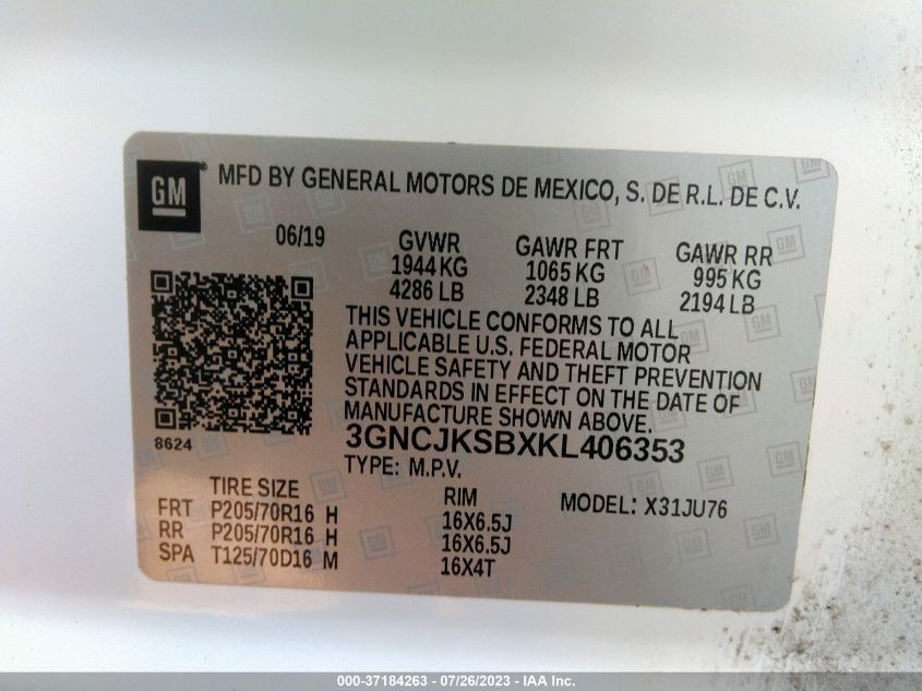 2019 CHEVROLET TRAX LS - 3GNCJKSBXKL406353