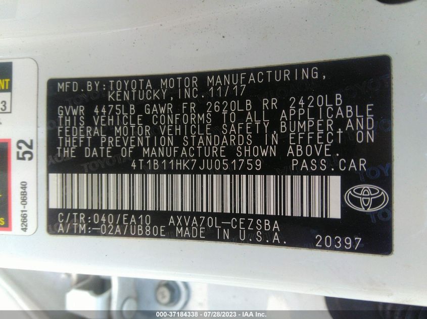 2018 TOYOTA CAMRY LE/SE/XLE/L - 4T1B11HK7JU051759