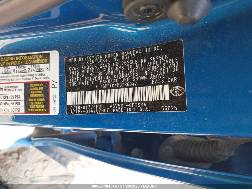 2017 TOYOTA CAMRY XLE/SE/LE/XSE - 4T1BF1FK4HU786942
