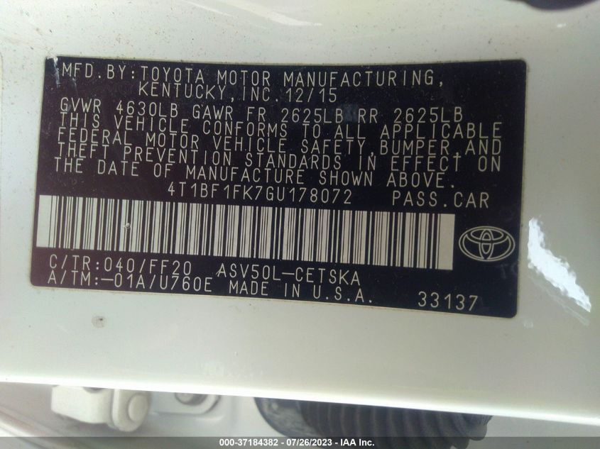 2016 TOYOTA CAMRY SE - 4T1BF1FK7GU178072
