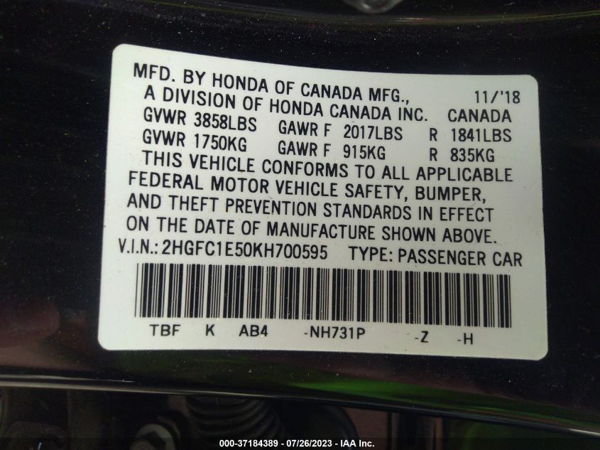 2019 HONDA CIVIC SI SEDAN 2HGFC1E50KH700595