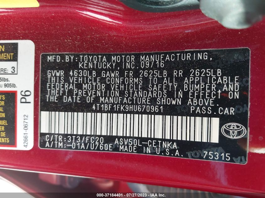 2017 TOYOTA CAMRY LE - 4T1BF1FK9HU670961